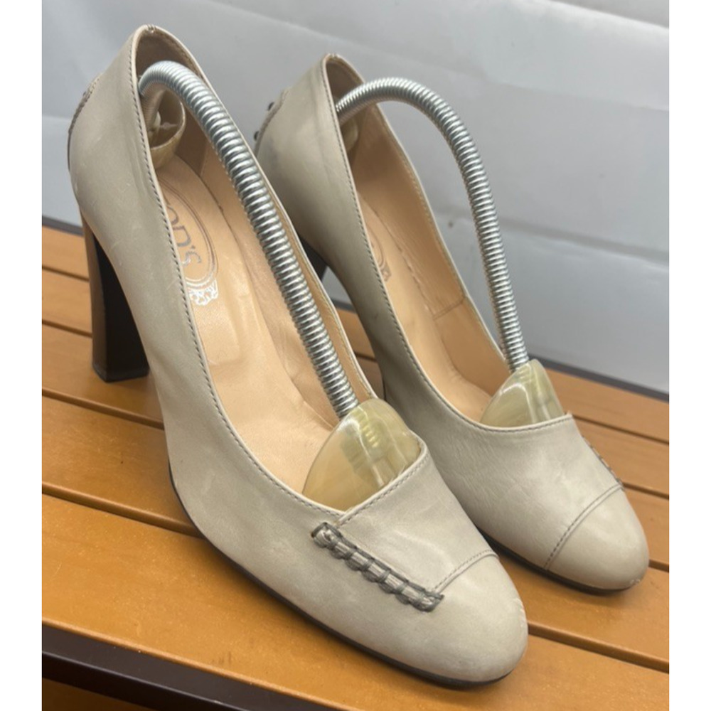 TOD’S Leather Block Heel Pumps Beige Women’s Size 38EU/6UK/ 7US